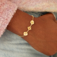 RFJEWEL NOUVEAU Bracelet personnalisé avec pierre de naissance - Zircon 12 mois, breloque florale 3D, laiton plaqué or, unisexe, chaîne réglable DIY
