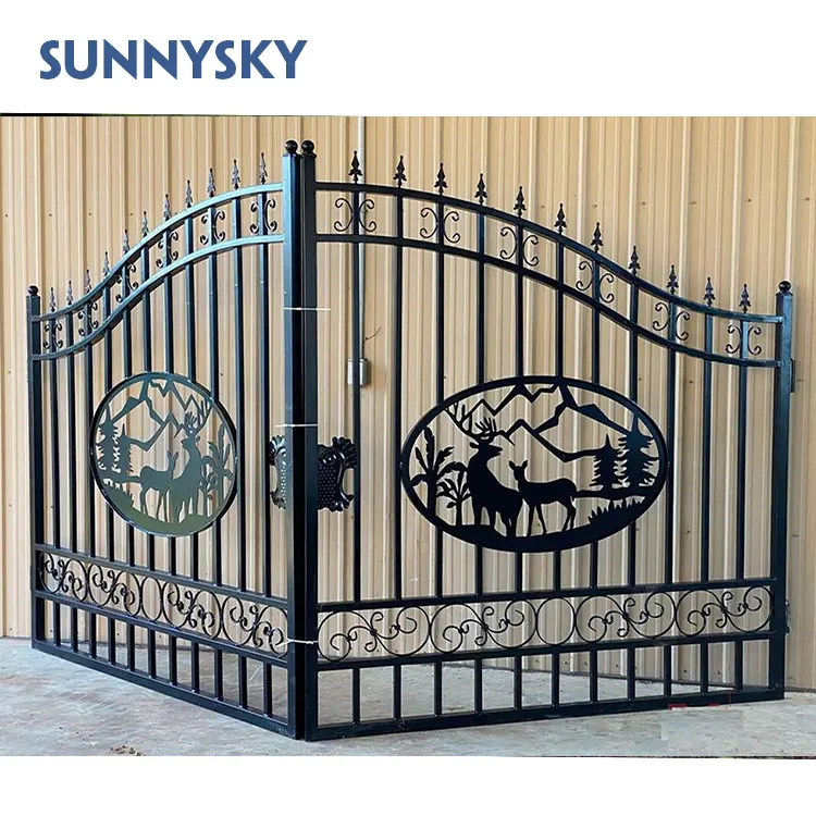 Sunnysky penjualan pabrik Modern baru desain rusa 16FT/20FT besi tempa jalan masuk gerbang utama