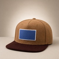 Casquette de baseball unisexe ajustable à 6 panneaux, visière plate, brossée, personnalisable, bleue, avec patch vierge et visière marron, vente en gros, OEM, MOQ