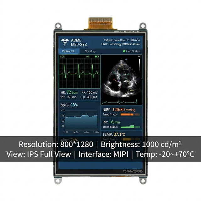 TMK 7.0 Inch TFT LCD Module 800x1280 RGB Vertical Stripe JD9365DA High 1000 Cd/m Brightness Wide Temp Medical Monitor
