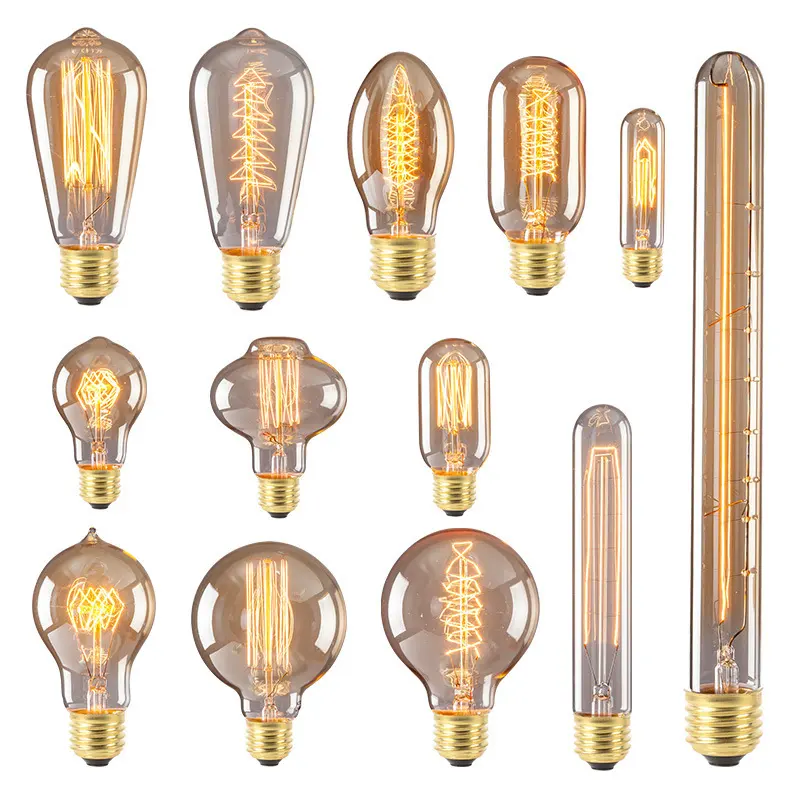 Lampu Bohlam E27 220V 40W, Bola Lampu Retro A60 ST58 ST64 T10 T45 T185 G80 G95 Filamen Vintage Spiral