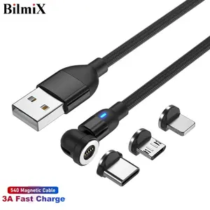 Kabel Data USB Magnet 3 Dalam 1 Tipe C 3A, Kabel Pengisian Daya Cepat 540, Lampu LED Berputar, Kabel Pengisi Daya Magnetik untuk Ponsel