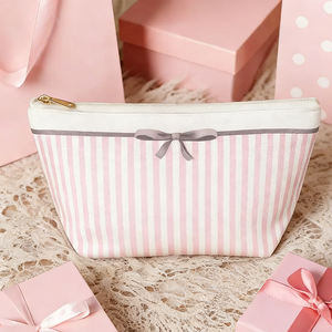 Bolsa de Cosméticos Personalizada al por Mayor, con Diseño de Lazo y Rayas, de Poliéster, Portátil, con Cierre - Product Image 1