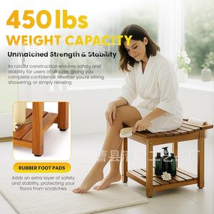 Qingzhi Solid Wood Bathroom Stool With <b>Storage</b> Shelf For Shower <b>Bathing</b> Seat - Product Image 4