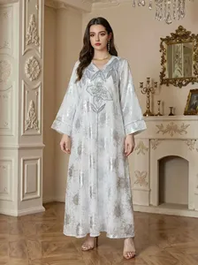 Vestido Abaya Maxi Floral Jacquard para Mujer, Elegante, Holgado, Cuello en V, Manga Larga, Estilo Kaftan Musulmán - Product Image 3