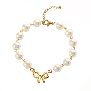 Elegant Glass <strong>Pearl</strong> <strong>Necklace</strong> and Bracelet Set Women Vintage Gold Bow <strong>Pendant</strong> Jewelry Handmade Design for Party - Product Image 5