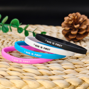 Bracelet en silicone gaufré éco-responsable GOD IS <span class=keywords><strong>FIRST</strong></span> <span class=keywords><strong>I</strong></span> <span class=keywords><strong>AM</strong></span> SECOND, largeur 5 mm, fin, sportif, chrétien, en gros et en stock - Product Image 3