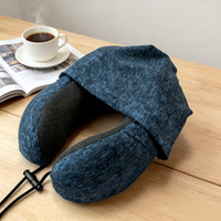 Oreiller de voyage à capuche en velours, soutien cervical en mousse à mémoire de forme en forme de U avec cordon de serrage réglable pour avion et bureau