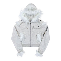 Blouson moto court à capuche pour homme, coupe-vent, chauffant, style hip-hop, avec imprimé hérautique, empiècements effilochés, en polyester/coton et col en fourrure, pour l'hiver
