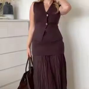 Nouveautés : Ensemble haut court en lin décontracté à revers et jupe longue à taille élastique pour femme, en lin de haute qualité - Product Image 1