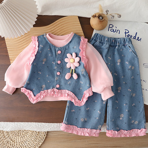 Ensemble <span class=keywords><strong>3</strong></span> pièces pour filles à imprimé floral, coupe ample, confortable pour <span class=keywords><strong>les</strong></span> jeux quotidiens des tout-petits - Product Image 3