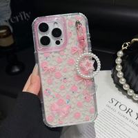 Coque de téléphone en TPU PC avec motif de papillon brillant et fleurs pour 13-16 Pro Max, protection transparente antichoc, couverture 360° avec cordon