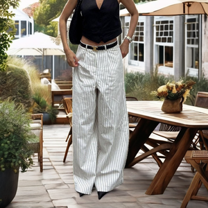 Pantalon décontracté d'été pour femme en coton rayé, taille haute, coupe ample, jambe large, longueur totale, avec ceinture décorative - Product Image 2
