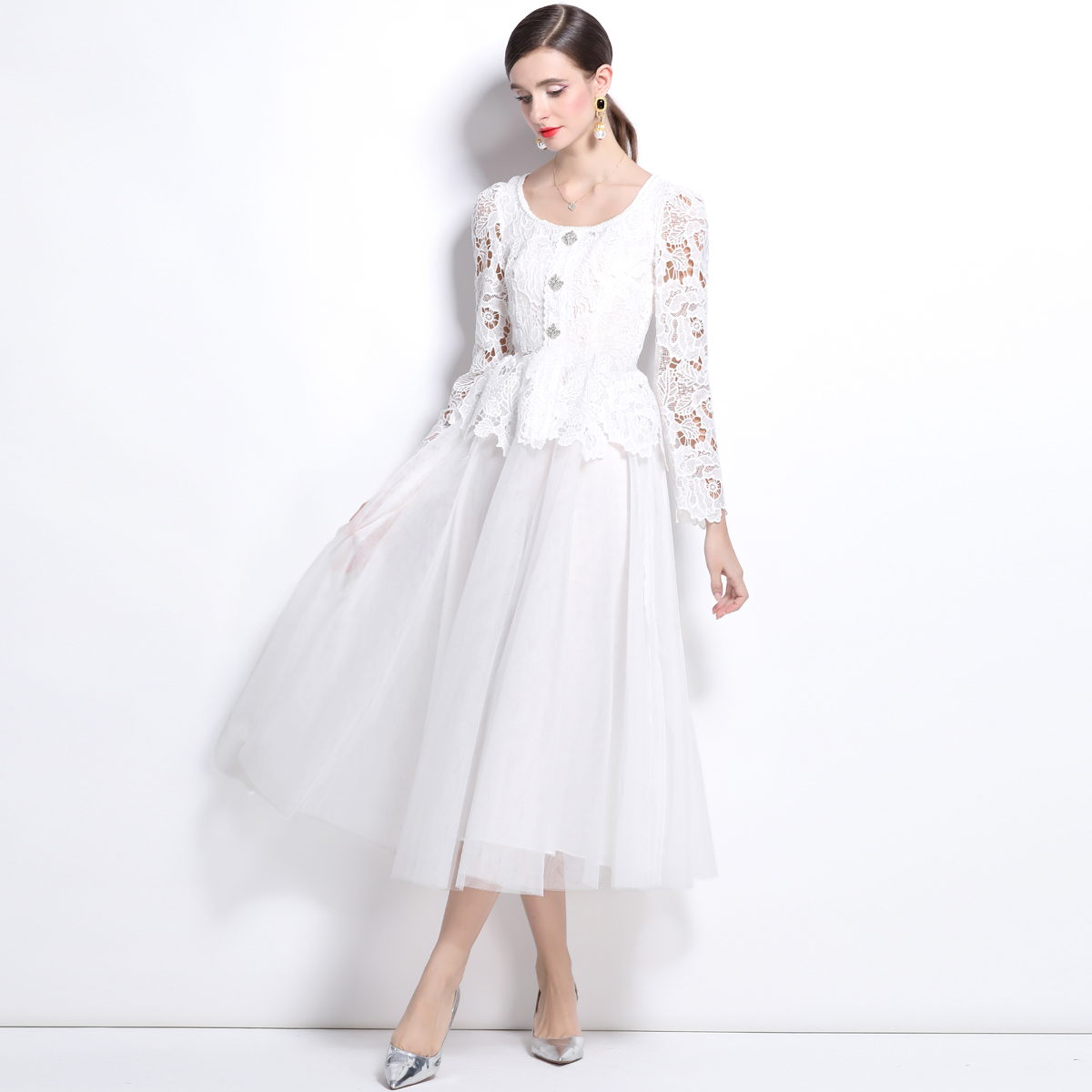 White Bridesmaid Dress with High Waist Lace & Splicing Mesh