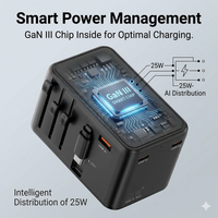 Adaptateur de voyage universel PD 25w Gan, convertisseur international portable, chargeur USB-C, prise EU UK US AU, câble Type-C intégré