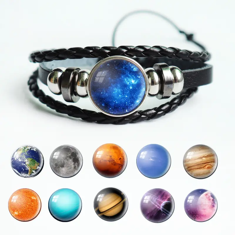 Leather Planet Pendant Product Bracelet For Men with sky and Planet Pendant Retro Hand Woven Leather Wrist Band Jewelry Vendors