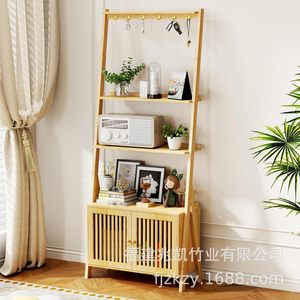 Bamboo Floor Standing <b>Coat</b> Rack 3 Tier Storage <b>Shelf</b> <b>With</b> <b>Hooks</b> Entryway Bedroom Multi Functional Organizer Cabinet - Product Image 1