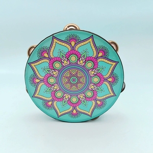Wholesale Mandala Floral Printed Wooden Orff Percussion Instrument Tambourine <b>Drum</b> With Single Row Metal Jingles For Performance - Product Image 2