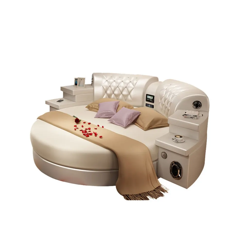 Умная круглая кровать в европейском стиле, кожаный многофункциональный динамик, массажная USB светодиодная подсветка, кровать для влюбленных, принцессы, мебель для спальни
