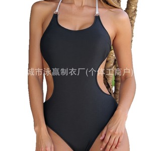 Maillot de bain une pièce de couleur unie pour femmes, noir, en spandex, col halter, dos nu, maillot de bain à la mode, S M L XL - Product Image 5