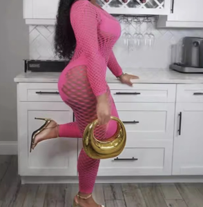 Peeqi baju monyet lengan panjang renda berlian imitasi tembus pandang berlubang jaring klub Jumpsuit satu potong Lingerie wanita seksi - Product Image 3