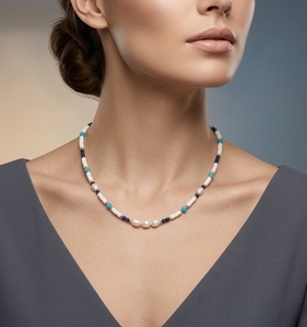 <span class=keywords><strong>Collana</strong></span> da donna impermeabile in acciaio inossidabile placcato PVD oro 18K con <span class=keywords><strong>perle</strong></span> naturali d'acqua dolce e gemme blu Heishi - Product Image 5