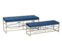 Banc Bailey en velours bleu avec cadre en métal et porte-chaussures