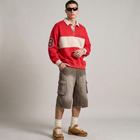 Sweat-shirt polo de rugby personnalisé rouge à blocs de couleur pour homme, avec patch universitaire brodé, coupe oversize, épais, à manches longues, style streetwear
