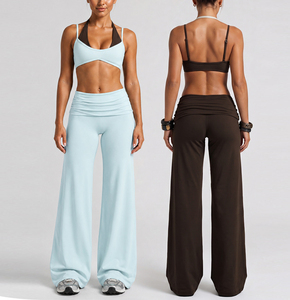 Striped Halter Double Layered Breathable <b>Bra</b> Top With Fold-over Waistband High Waist Wide Leg Yoga Pants Leggings Set - Product Image 1