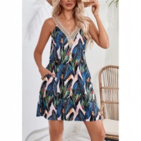 Robe d'été à la mode imprimée pour femmes, sans manches, col en V, mini robe d'été avec poches, nouvelle robe midi décontractée en dentelle pour femmes