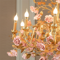 Lustre unique en laiton rose romantique avec fleurs en céramique rose, décoration lumineuse pour villa, salle à manger, éclairage décoratif