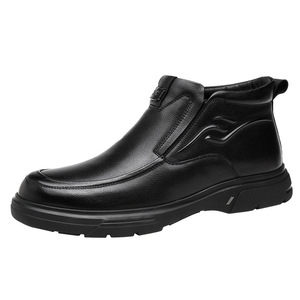 Bottes de neige pour hommes en cuir véritable, talon moyen, doublure en polaire noire, chaussures d'hiver chaudes, fermeture éclair latérale, couleur unie - Product Image 5