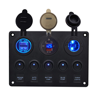 Panel Saklar Kapal 12V 5 Tombol, Panel Saklar Mobil Tahan Air, Port USB Ganda, Voltmeter Digital, Stopkontak 12V Kombinasi