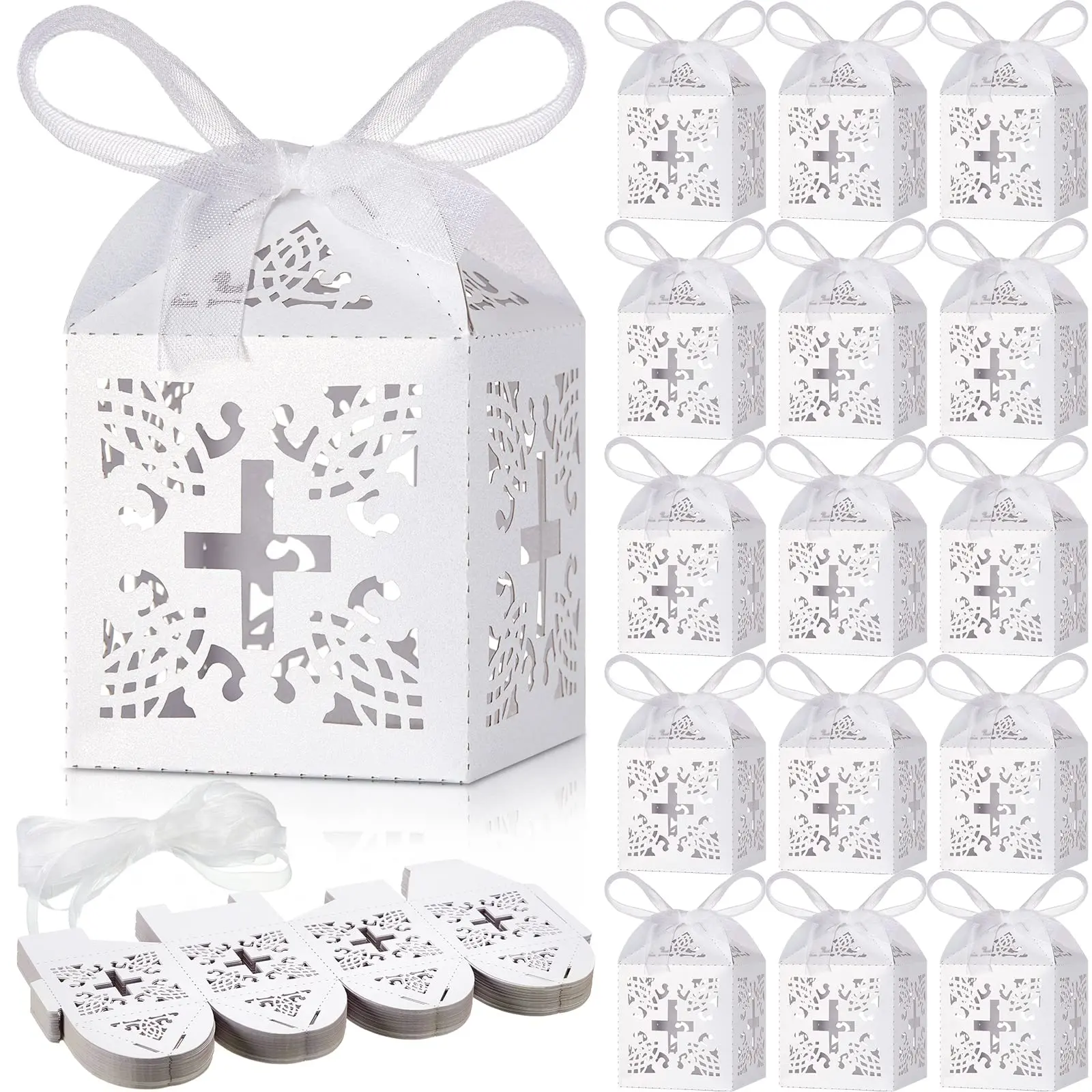 Cajas de papel de corte láser para invitados, suministros de primera comunión, boda, Baby Shower, fiesta de cumpleaños, bautismo, Cruz, recuerdo