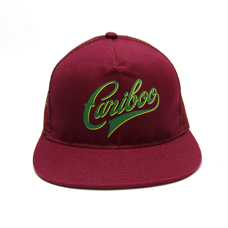 Customizable Maroon Mesh Back Trucker Hat with Stylish Green Embroidery Baseball Caps Product