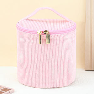 กระเป๋าเครื่องสำอางผ้าลูกฟูกสำหรับผู้หญิงกระเป๋าเก็บของอุปกรณ์เสริมความงามกระเป๋าซิปปิดทรงถัง - Product Image 5