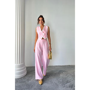 Conjunto de Pantalones y Chaleco Corto Rosa con Ribete Asimétrico para Mujer, Talla S - Product Image 5