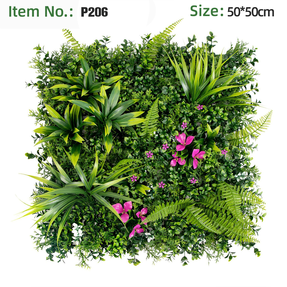 Artificial Hedge Grass Panel With Ferns & Pink Flowers