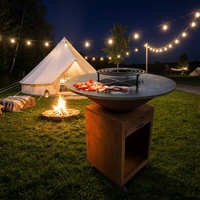 Table de barbecue moderne en acier Corten, robuste, finition rouillée, brasero avec rangement pour bois, pour cuisine extérieure