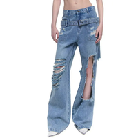Haute qualité Baggy jambe droite Double ceinture Vintage lavé bleu singe lavé en détresse trous Denim pantalon femmes jean