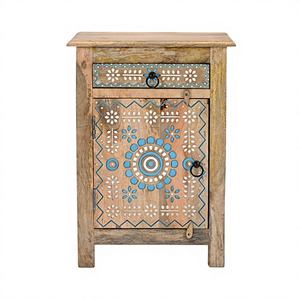 Mesita de Noche Moderna de Madera Maciza - Mesita de Noche Artesanal de Madera de Mango con Incrustaciones Florales Azules y Cajón de Almacenamiento, Muebles de Dormitorio - Product Image 1