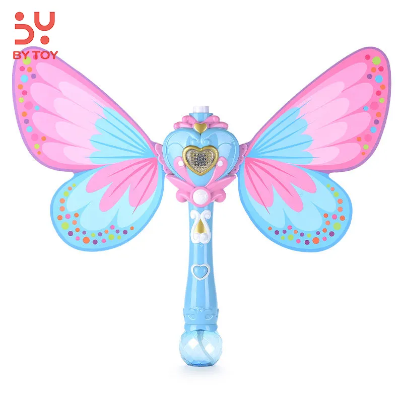 Juguetes नवीनतम सौंदर्य पूर्ण स्वचालित पंख बुलबुला जादू बुलबुला छड़ी प्रकाश अप संगीत के साथ प्लास्टिक साबुन झाग बुलबुला छड़ी खिलौने