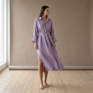 Robe chemise 100% coton, manches cloche, col en V, taille haute, silhouette évasée, fentes latérales, longueur midi, style vintage, respirante, toutes saisons, grandes tailles - Product Image 3