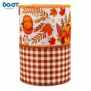 Pita Kain Bermotif Daun Maple dan Labu dengan Hiasan Pita Berujung Kawat, Warna Cokelat Putih Motif Kotak-kotak Buffalo untuk Karangan Bunga, Gantungan Pintu, dan Hadiah - Product Image 2