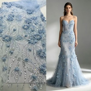 Dentelle brodée de fleurs 3D bleues faites à la main, perlée, en <span class=keywords><strong>tulle</strong></span>, avec sequins épais sur toute la surface, pour robe de mariée, robe de soirée, robe de scène ou robe de cérémonie - Product Image 1