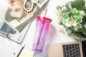 Venta caliente 24Oz vaso de plástico frío vaso de plástico rosa con pajita - Product Image 5