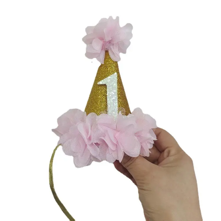 Compleanno Corona Fascia Del Bambino Appena Nato rosa di Tulle Corona D'oro del nastro Elastico Hairband Carino della ragazza Infantile dell'arco Dei Capelli