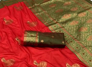 Womens Soft Silk Printed <b>Red</b> <b>Saree</b> With Green Border And Peacock Motif For Wedding And Festival Wear - Product Image 4
