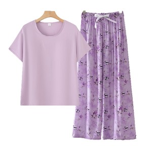 Ensemble de vêtements de nuit en coton et soie pour femmes, manches courtes, imprimé floral, coupe ample, pyjama d'été, pantalon court, col rond - Product Image 5