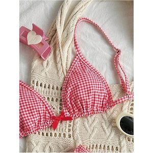 FOXA Women's 2 Piece Gingham <b>Bikini</b> <b>Set</b> Plaid Bow <b>Triangle</b> Swimwear Checkered Bathing Suit Coquette Style - Product Image 3